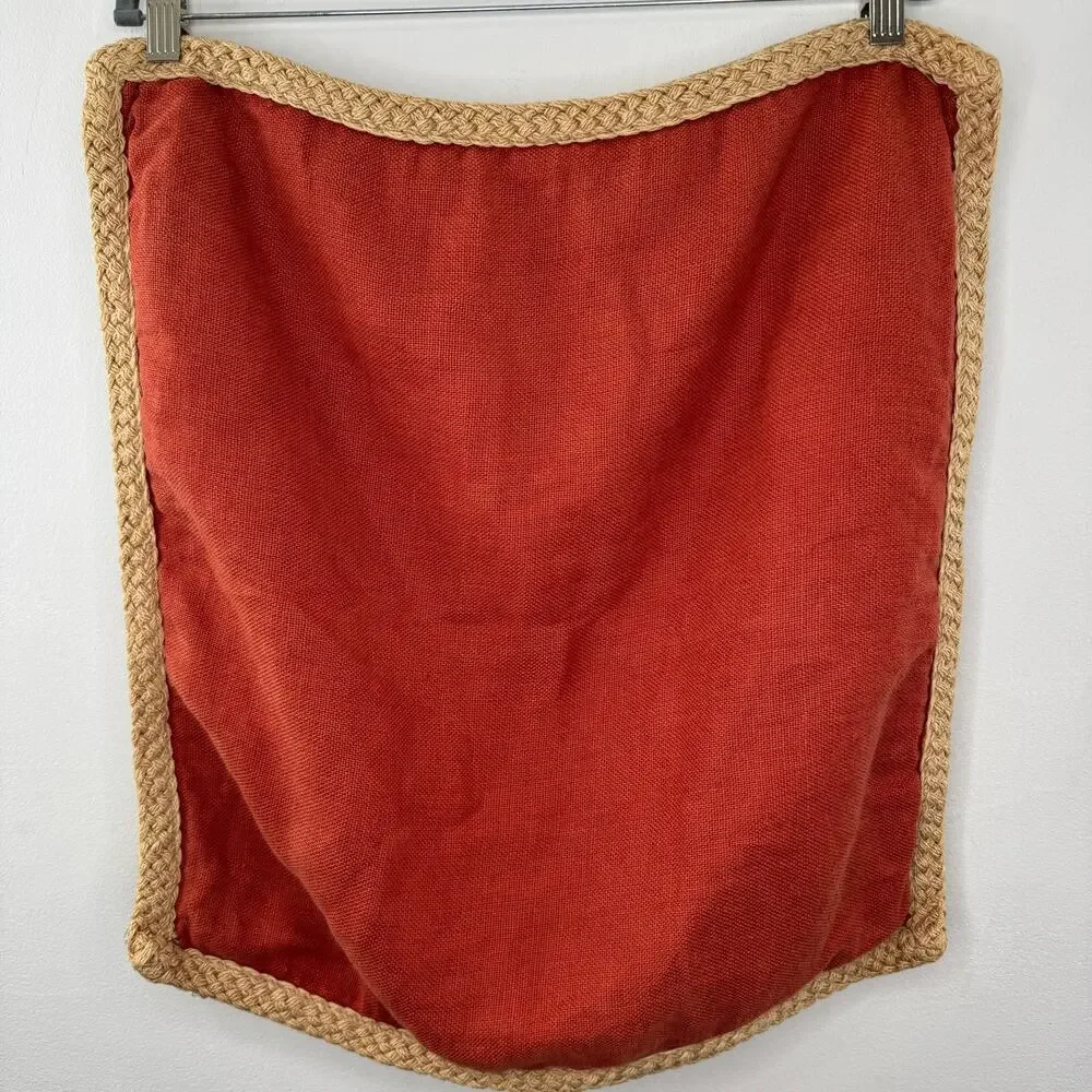 Set of 2 POTTERY BARN Orange Beige Pillow Cases Linen Jute Braided Trim Square
